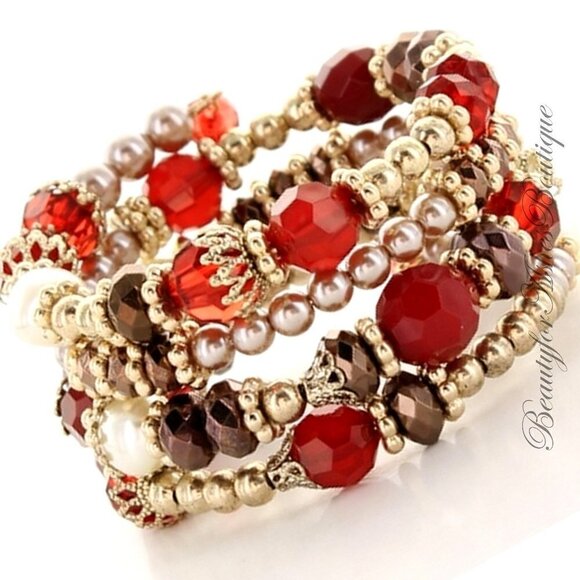 Womens Beaded Ornate Intricate Crystal Chunky RED Adjustable Coil Bracelet - Picture 1 of 2